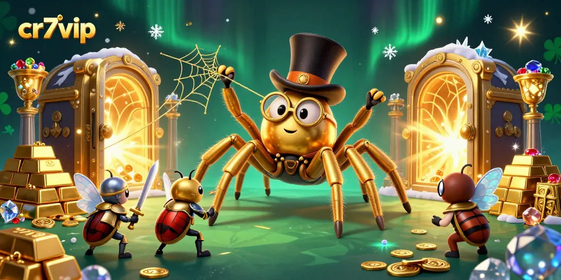 Gambarkan tarantula emas mewah dan ksatria beetle kecil di kasino dengan simbol keberuntungan, cr7vip.