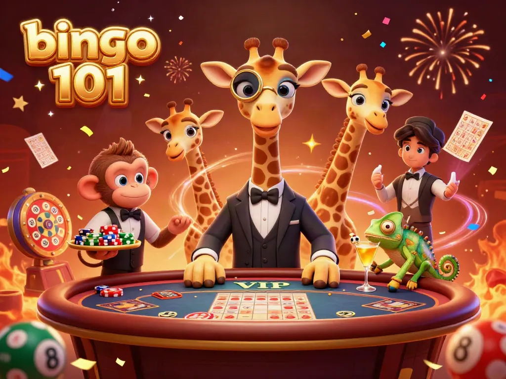 Bermain bingo 101 dengan karakter lucu seperti jerapah, monyet, dan kadal dalam suasana seru.