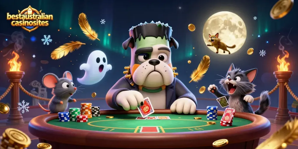 Engage with exciting poker action at bestaustraliancasinosites with a playful Frankenstein bulldog dealer and whimsical characters.