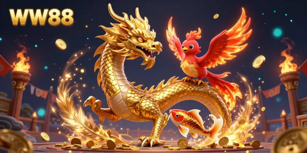 Experience the thrill of WW88 with a golden dragon and phoenix, surrounded by shimmering casino elements.