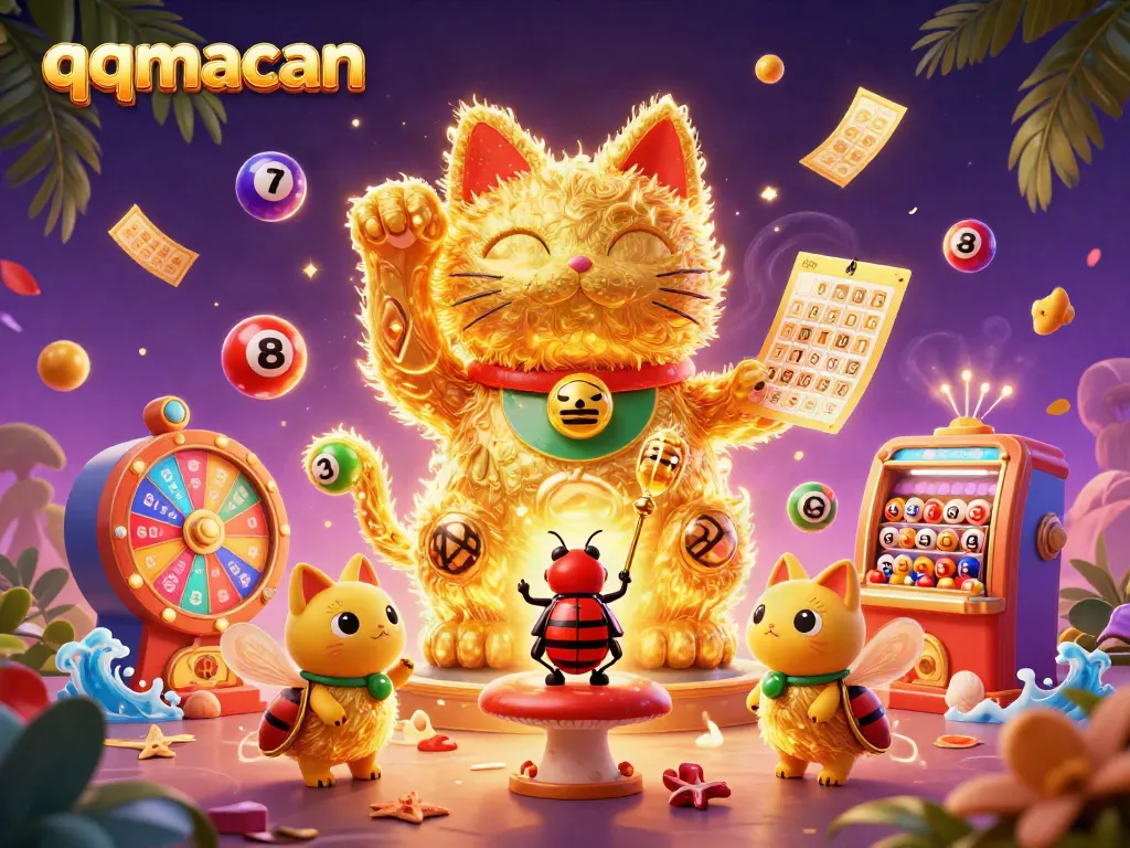 qqmacan lucky cat illustration filled with dynamic casino symbols and colorful elements, perfect for gambling enthusiasts.