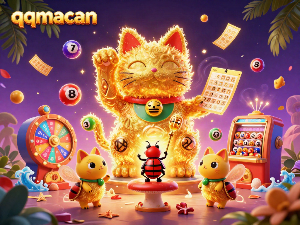 qqmacan lucky cat illustration filled with dynamic casino symbols and colorful elements, perfect for gambling enthusiasts.