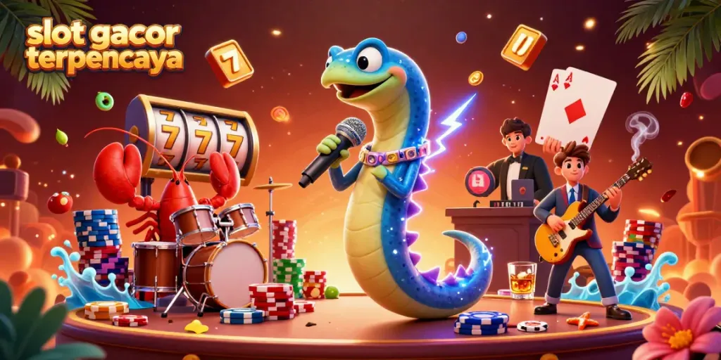 Menghadirkan slot gacor terpercaya dalam ilustrasi 3D, dengan karakter kartun listrik dan elemen kasino yang berwarna-warni.