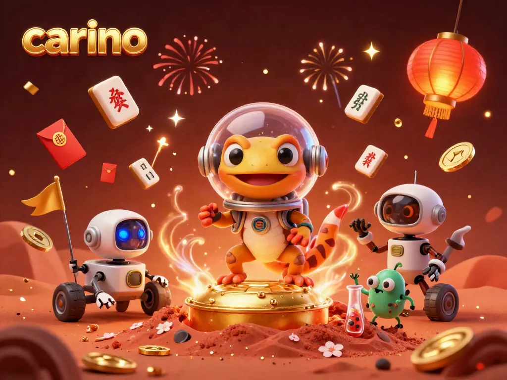Experience carino in a vibrant 3D scene featuring a gecko on Mars discovering a golden casino.