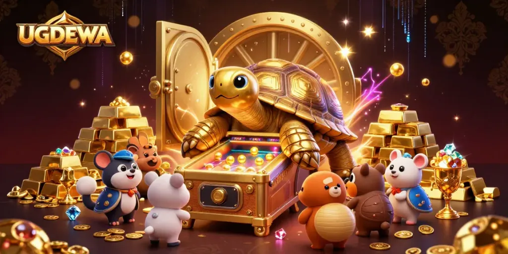 Engage with UGDEWA, a 3D casino illustration featuring an interactive golden tortoise pinball game.