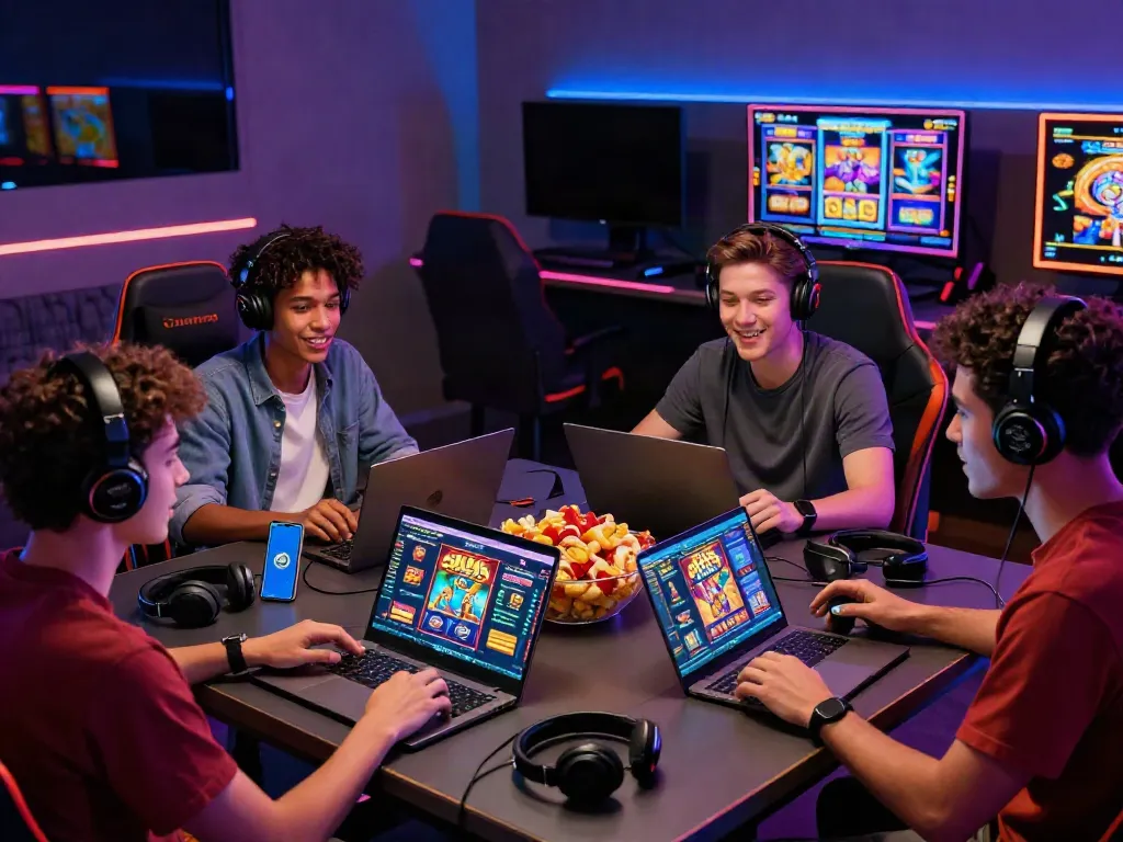 Friends enjoying online slot gacor games in a vibrant gaming room atmosphere.