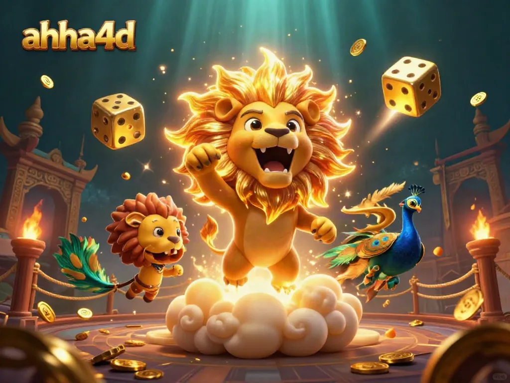 Win big with ahha4d's exciting gameplay featuring a sun lion, golden dice, and vibrant casino elements.
