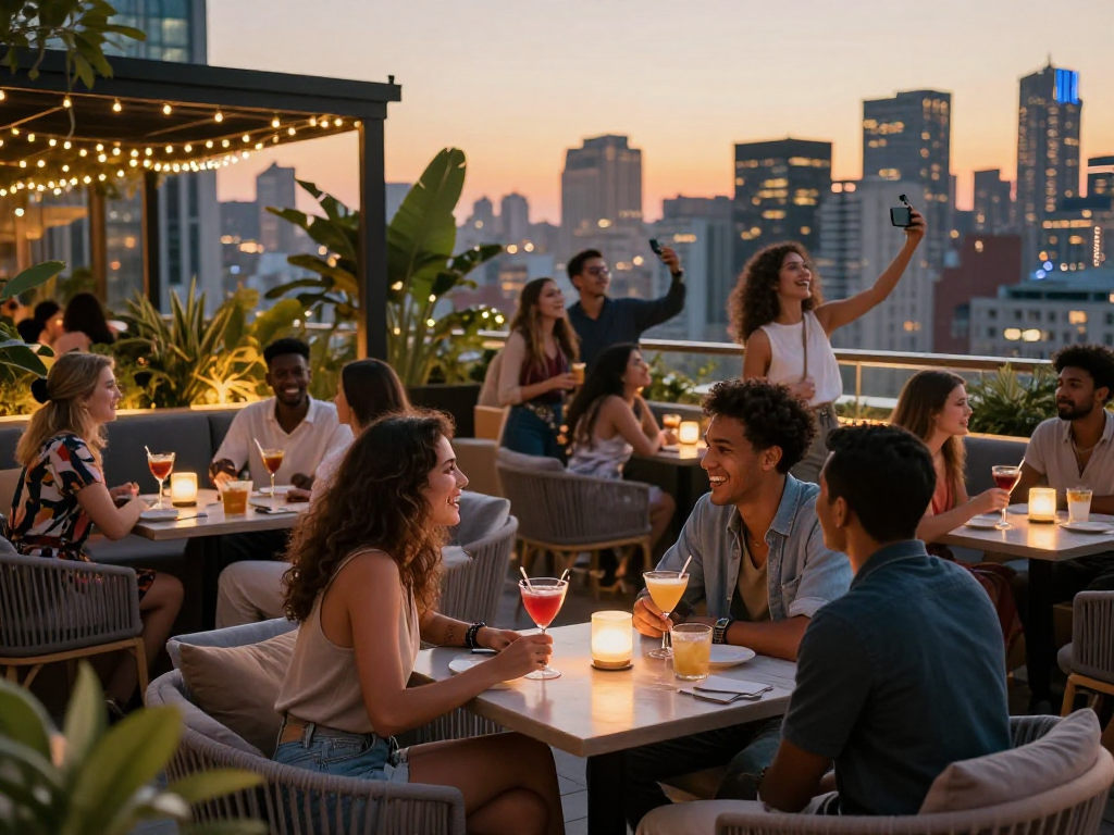 Gái gọi tận hưởng buổi tối tại quán rooftop sang trọng, bầu không khí vui vẻ.