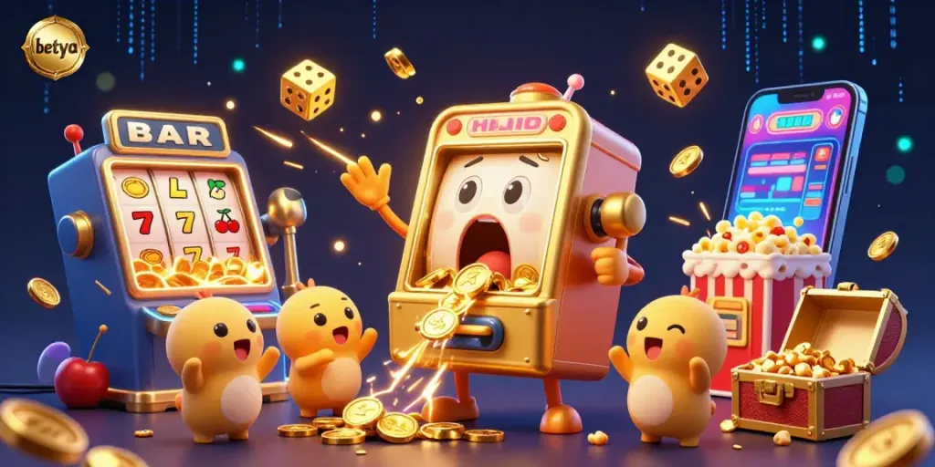 Betya's golden slot machine celebrating a jackpot, surrounded by cheering machines and vibrant casino elements.
