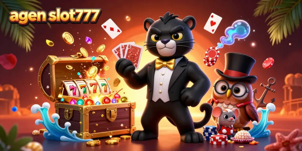 Experience the thrill of agen slot777 with a stylish panther dealer, charming owl, and lucky mouse in a vibrant 3D scene.