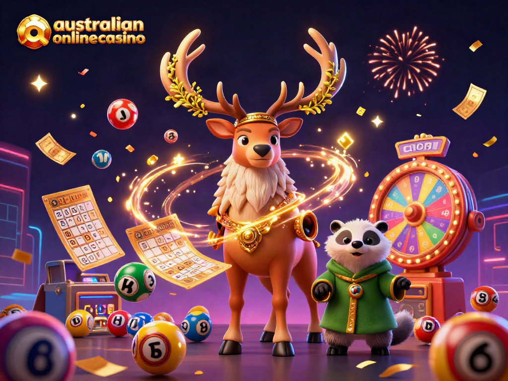 Experience the excitement of australianonlinecasino with vibrant games and characters in a dynamic scene.