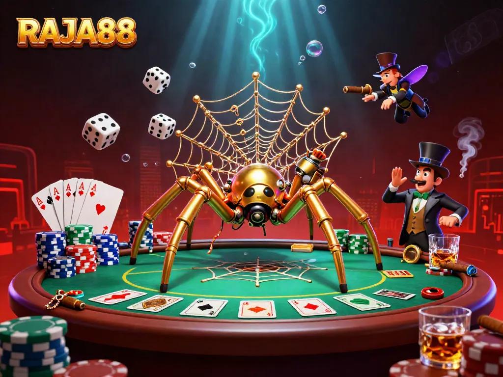 Gambarkan RAJA88 dalam ilustrasi kasino 3D yang dinamis, menampilkan karakter dan elemen bertema perjudian.