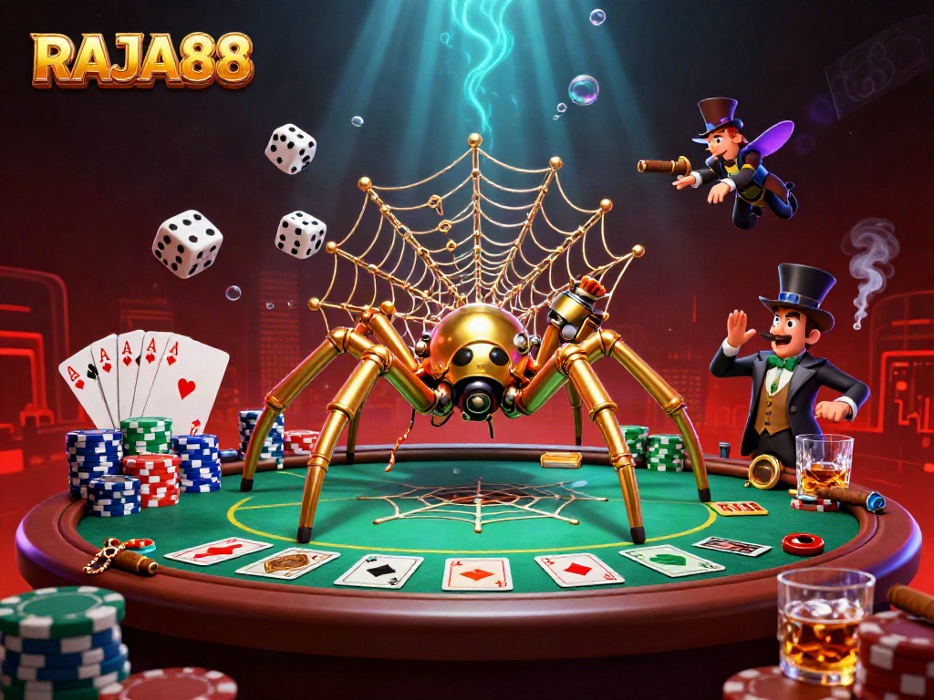Gambarkan RAJA88 dalam ilustrasi kasino 3D yang dinamis, menampilkan karakter dan elemen bertema perjudian.