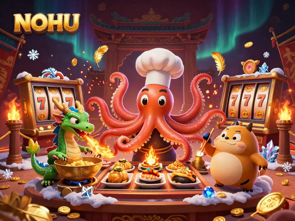 Engage in thrilling slots action at NOHU with dynamic cartoon characters in a vibrant casino atmosphere.