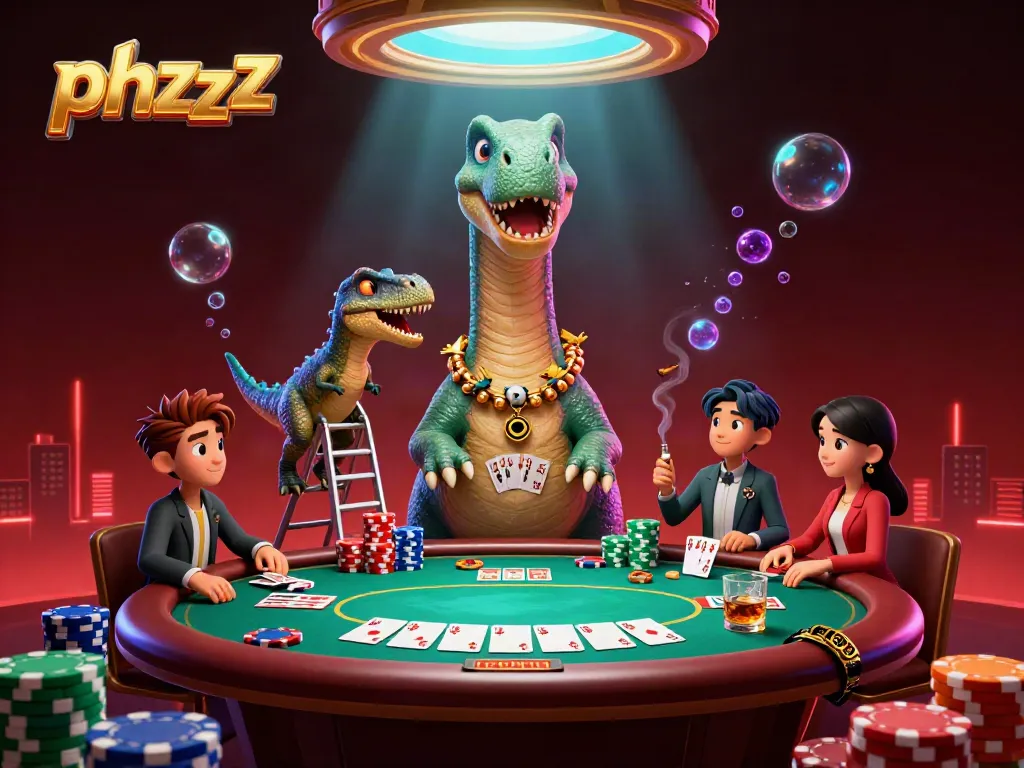 Experience the vibrant phzzz casino scene with a giant brontosaurus and a raptor dealer amidst colorful poker elements.