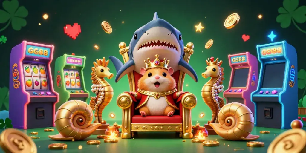 Engage with GG88's vibrant casino scene featuring a golden hamster king on a megalodon throne surrounded by gaming elements.