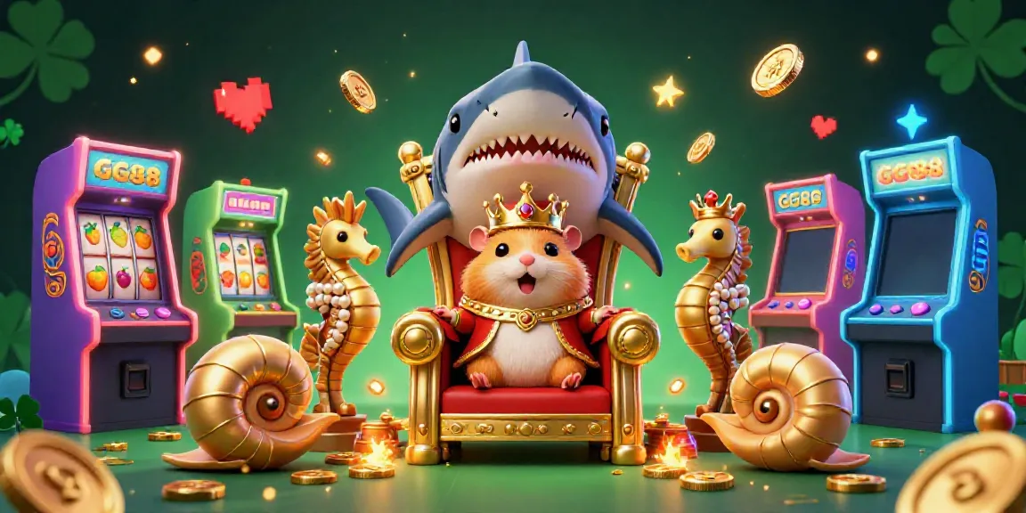 Engage with GG88's vibrant casino scene featuring a golden hamster king on a megalodon throne surrounded by gaming elements.