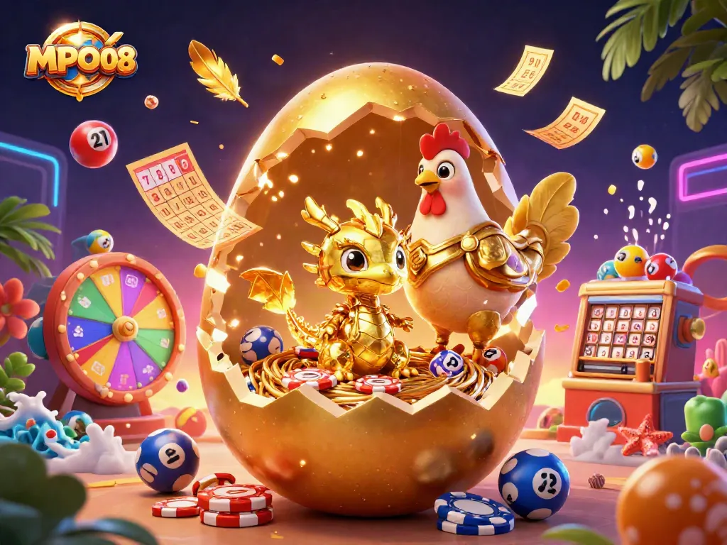 Win exciting jackpots with MPO08 amidst dynamic lottery elements and a golden dragon.
