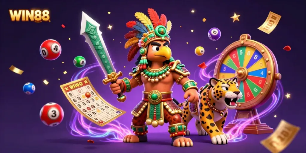 WIN88 showcases vibrant casino elements with a dynamic Aztec-inspired scene, bringing excitement to gaming.