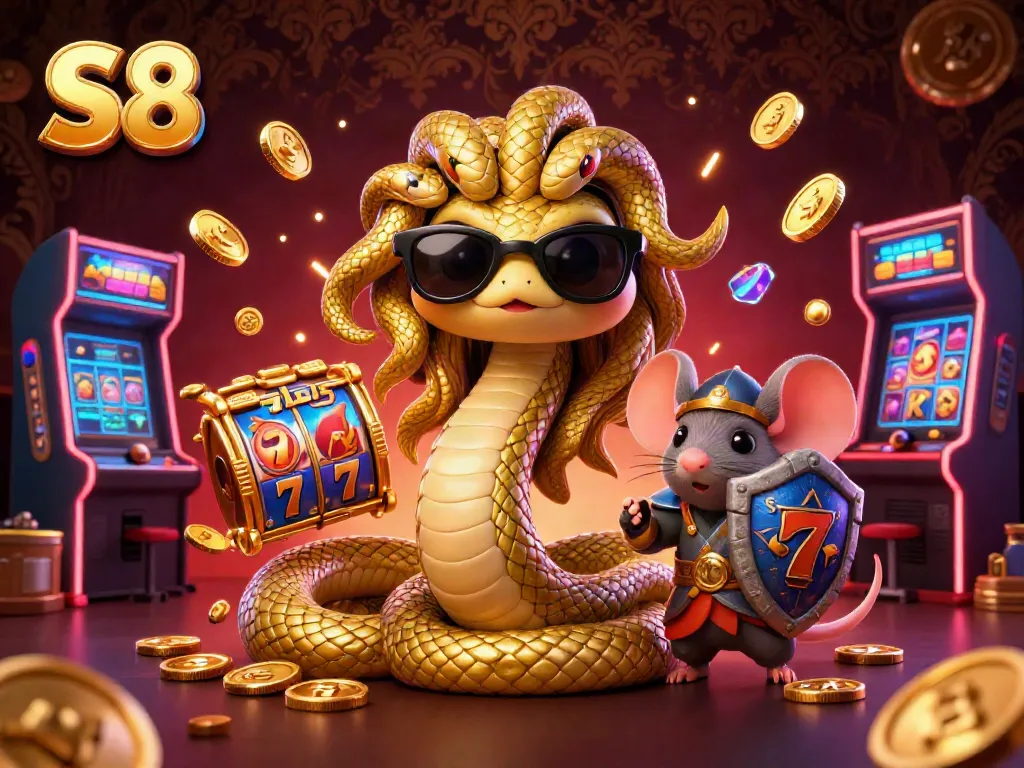 S8 offers an exciting visual representation of a casino scene featuring Medusa and a warrior, surrounded by dynamic gaming elements.