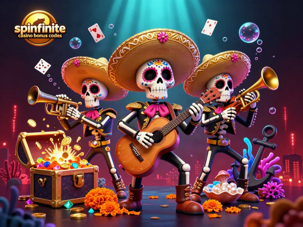Experience spinfinite casino bonus codes with a vibrant 3D mariachi band amidst dazzling underwater treasures.
