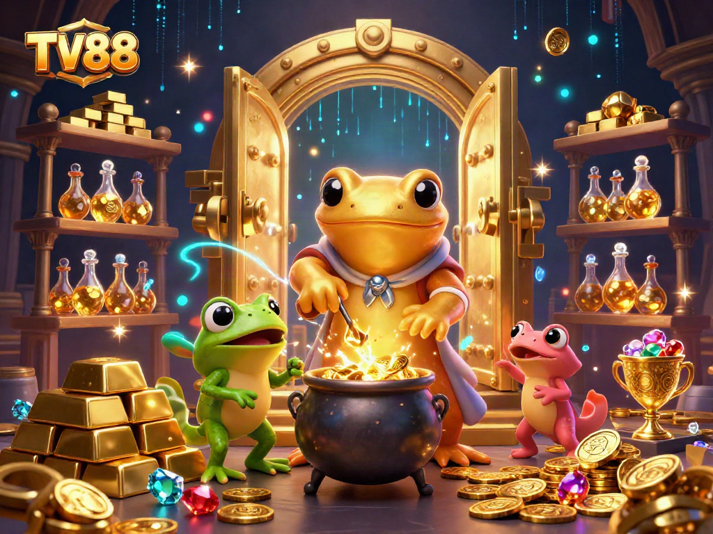 Experience the thrill of winning at TV88 with vibrant gold transition in a magical casino setting.