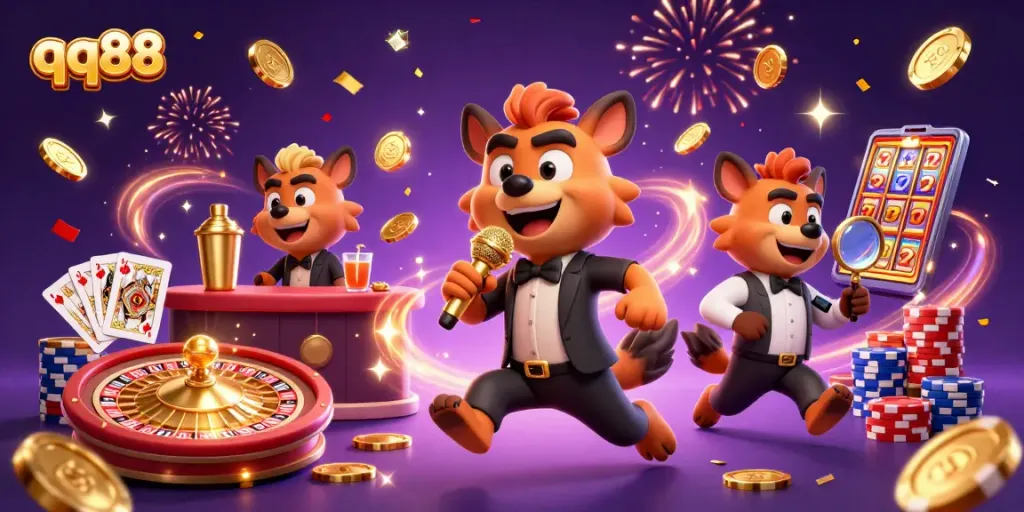Engage with qq88's vibrant casino experience featuring hyena characters in a dynamic, celebratory scene.