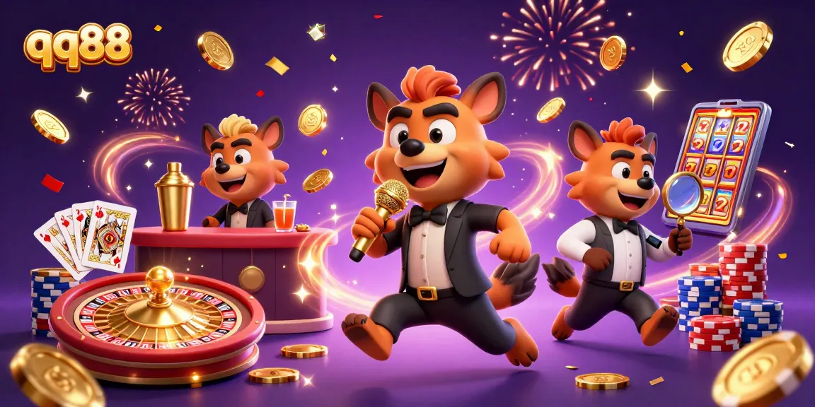 Engage with qq88's vibrant casino experience featuring hyena characters in a dynamic, celebratory scene.