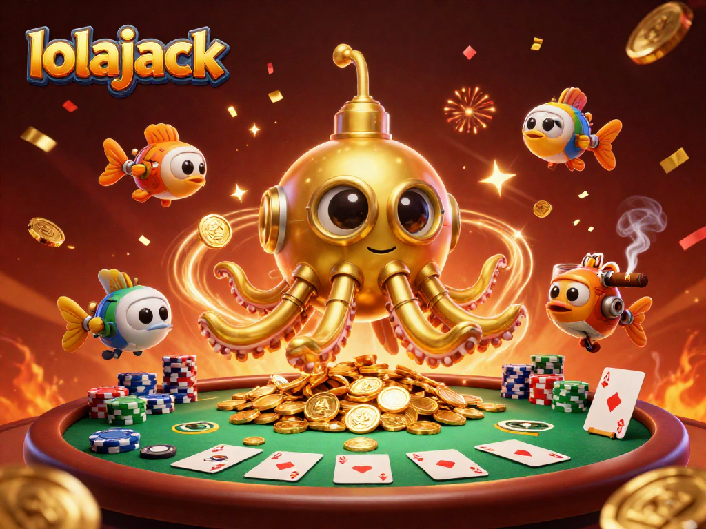 Engage with lolajack's thrilling arcade, showcasing vibrant poker elements and a captivating kraken.