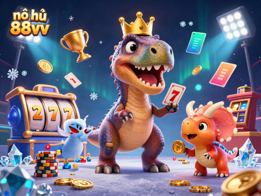 Experience the fun of nổ hũ 88vv, featuring a T-Rex playing cards with a pterodactyl assistant and a triceratops stacking chips.