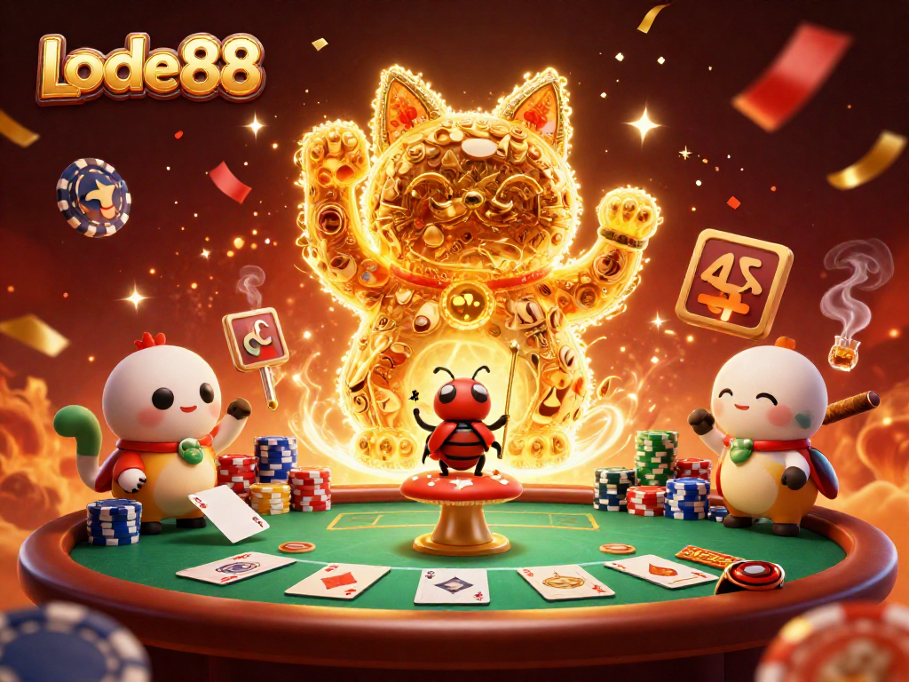 Engage in thrilling casino adventures with Lode88's dynamic 3D lucky cat illustration.