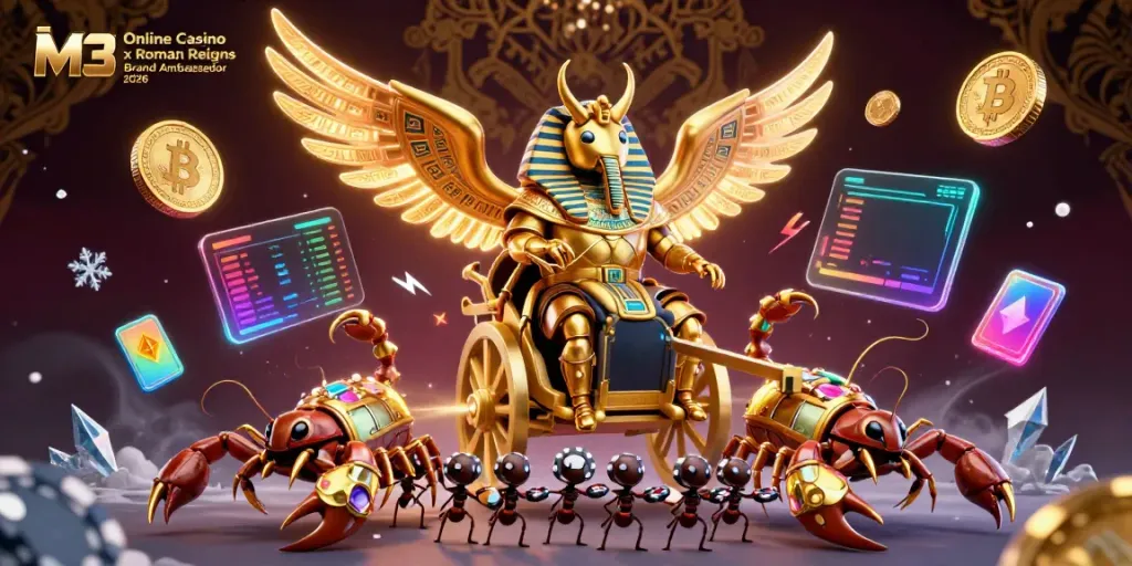 M3 Online Casino x Roman Reigns Brand Ambassador 2026 showcasing a vibrant casino scene with golden scarab and digital coins
