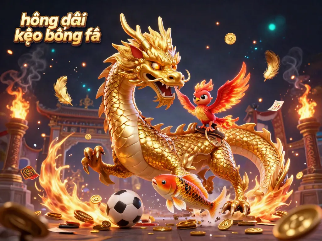 Engaging illustration showcasing a fierce dragon and phoenix highlighting hướng dẫn kèo bóng đá, surrounded by sports betting elements.