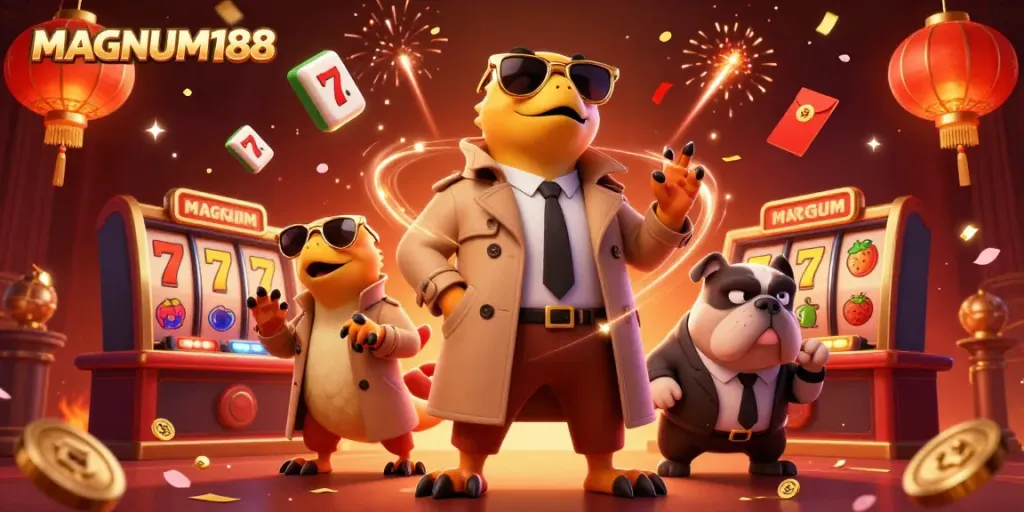 Experience wealth and excitement with MAGNUM188 in a vibrant casino scene featuring animated characters.