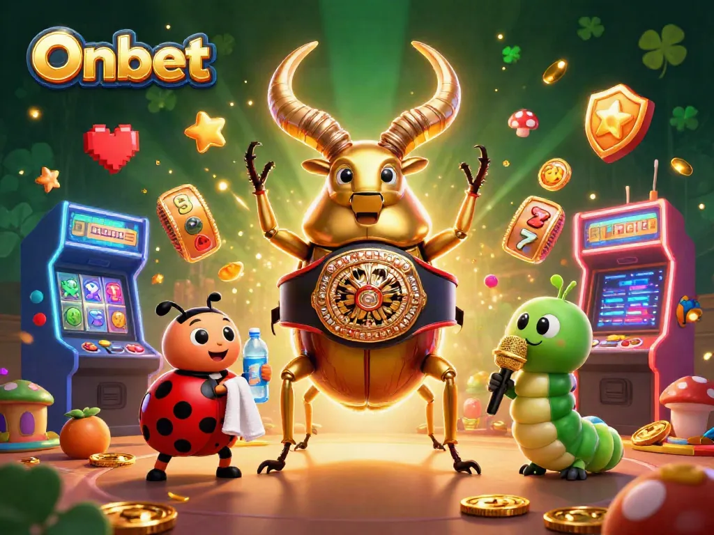 Engage with Onbet's vibrant casino illustration featuring charming characters and colorful slot game elements.