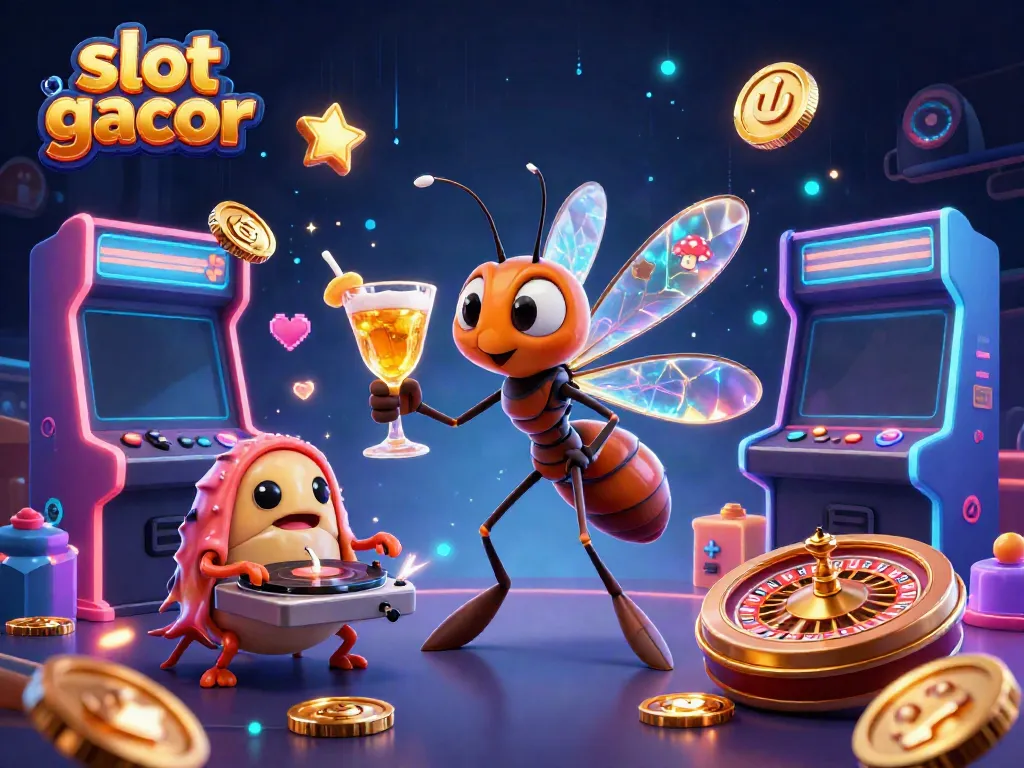 Slot gacor yang menarik dengan karakter kasino digital dan mesin permainan yang berwarna-warni.