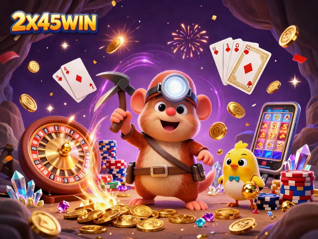 Menang dengan 2X45WIN: Penambang harta karun mengumpulkan koin emas dan permata.