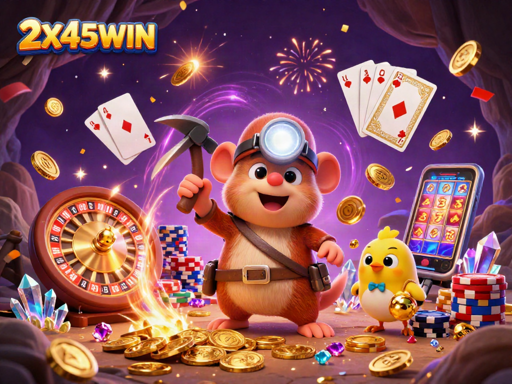 Menang dengan 2X45WIN: Penambang harta karun mengumpulkan koin emas dan permata.