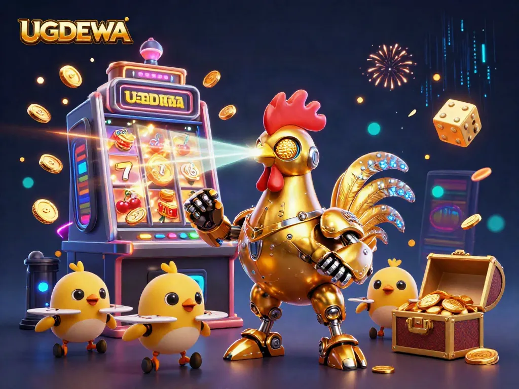 Experience thrilling gameplay at UGDEWA with the golden rooster robot and vibrant casino elements.