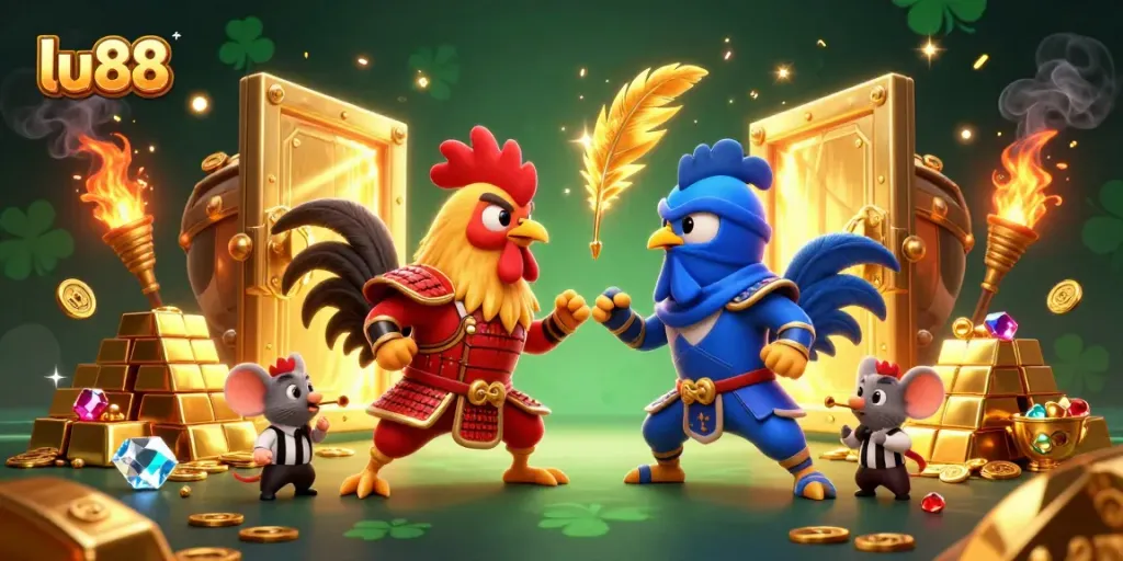 Engage with the thrilling standoff of lu88's colorful rooster champions in a dynamic casino scene.