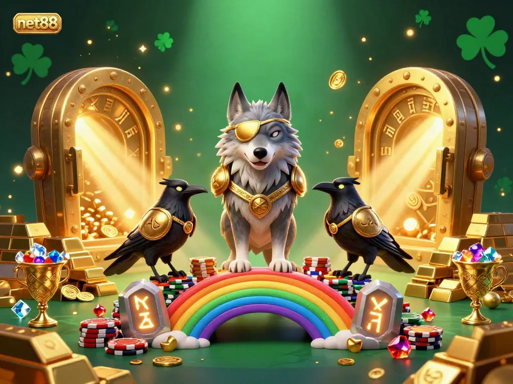 Engage in thrilling casino adventures with net88, featuring casino chips and treasures in a mythological scene.