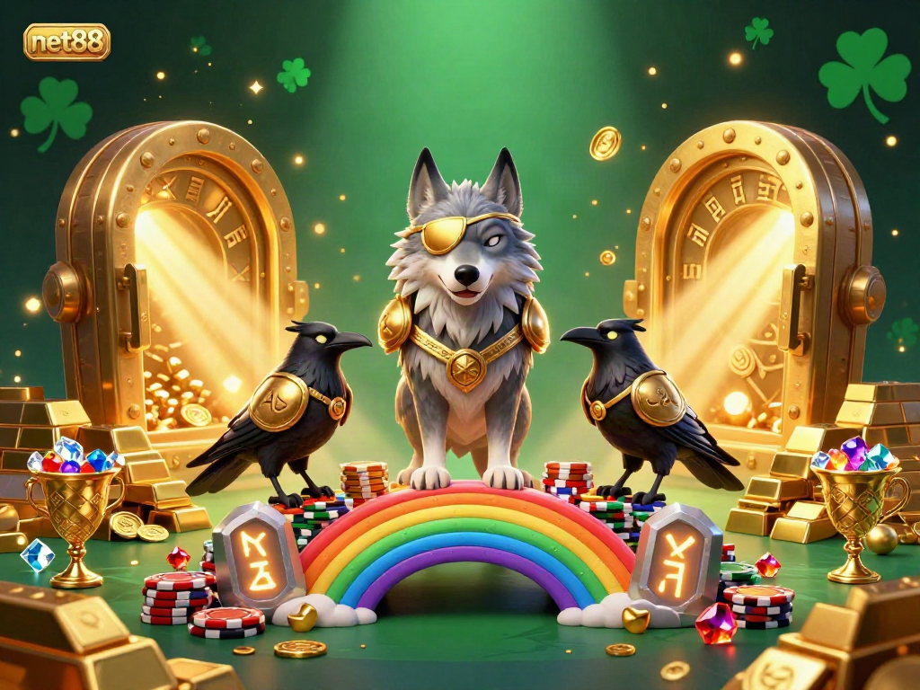 Engage in thrilling casino adventures with net88, featuring casino chips and treasures in a mythological scene.