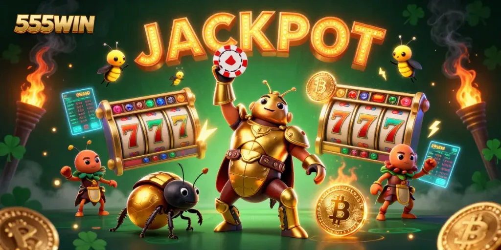 Experience thrilling wins with 555WIN as the gladiator beetle celebrates jackpot victories!