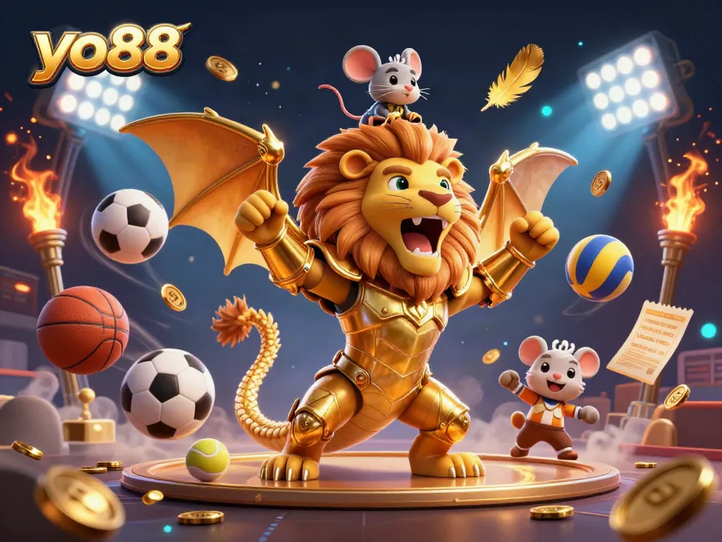 Join the excitement at yo88 with captivating golden creatures and vibrant sports elements.