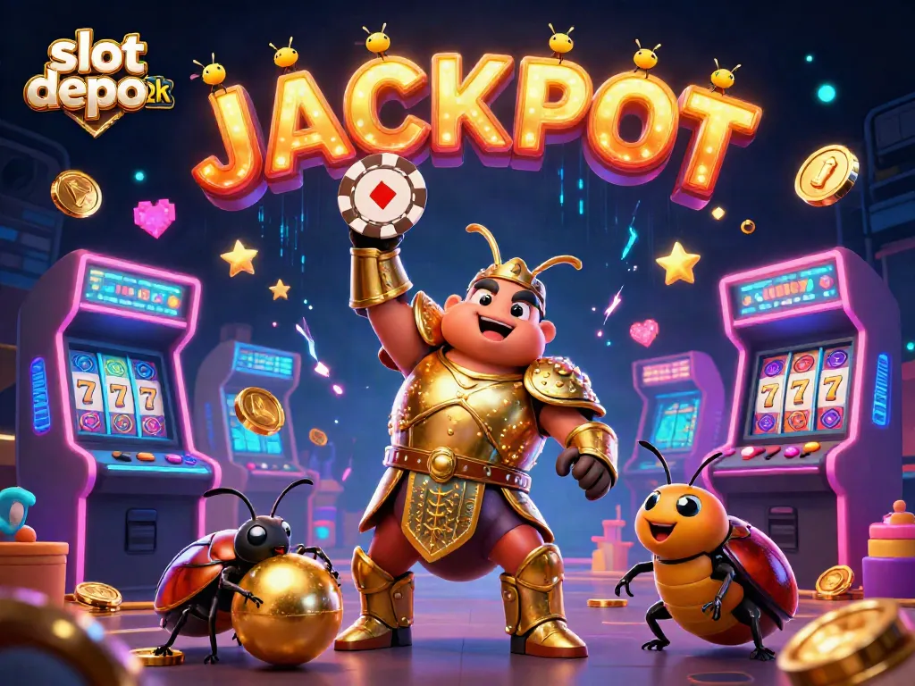 Spin the slots at slot depo 2k with lively beetles celebrating a jackpot win.
