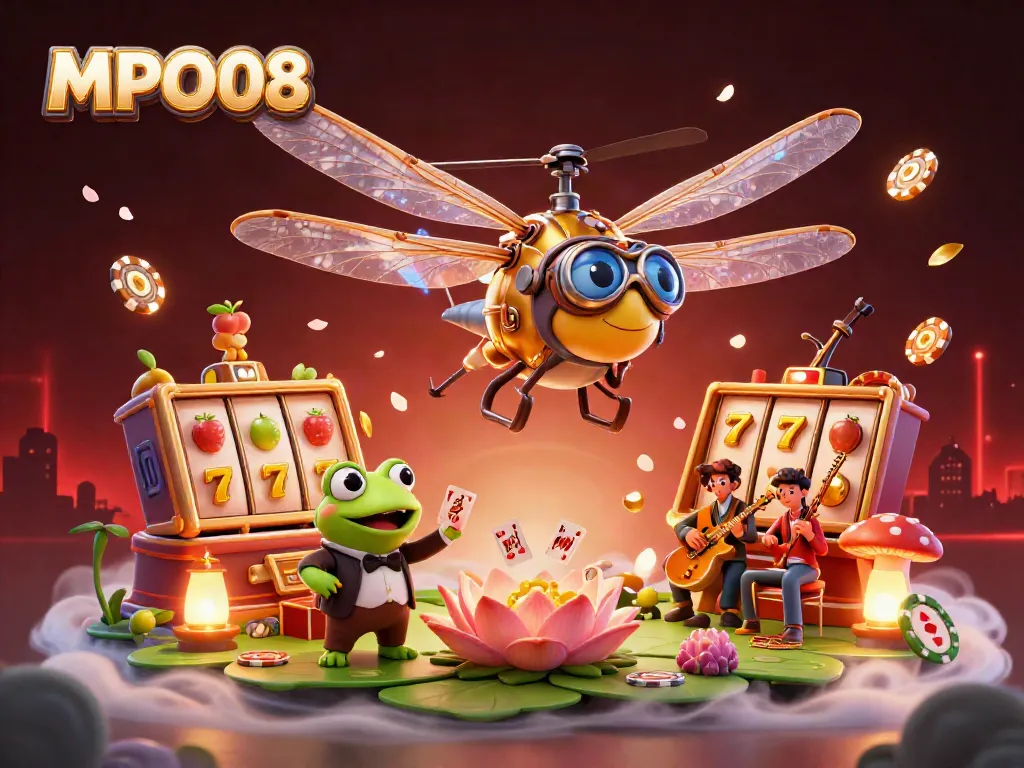 Experience thrilling gameplay with MPO08 via a rich scene featuring a dragonfly pilot, frog croupier, and exciting slot symbols.