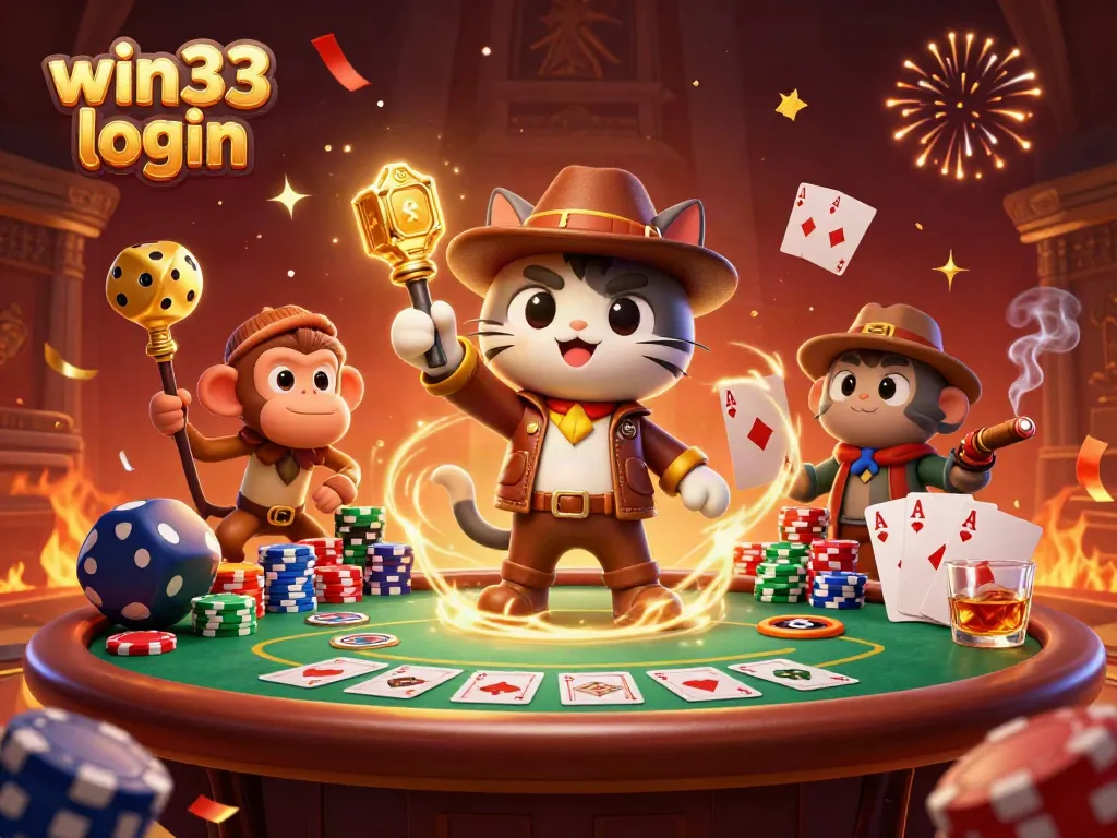 Experience the excitement of win33 login with this thrilling casino illustration featuring an adventurous cat and a monkey.