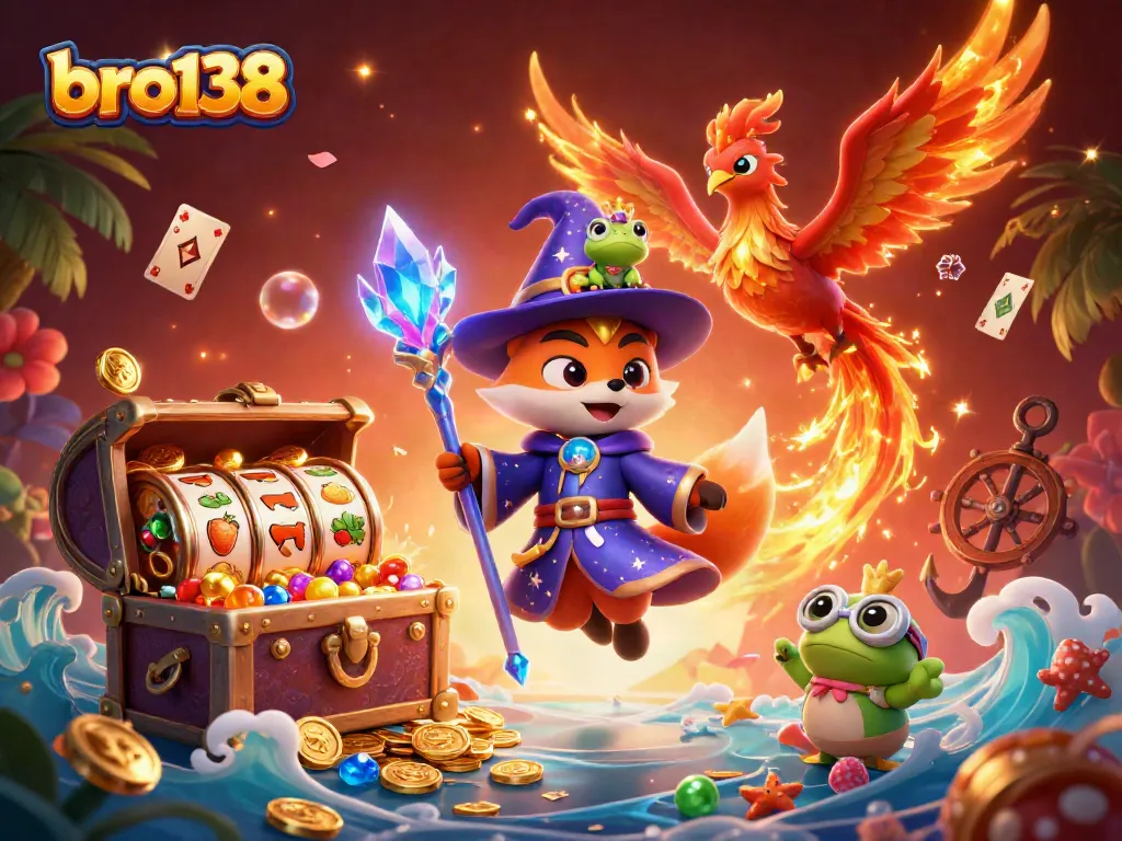 Engage in rich casino adventures with bro138's mystical wizard fox, phoenix, and vibrant slot elements.