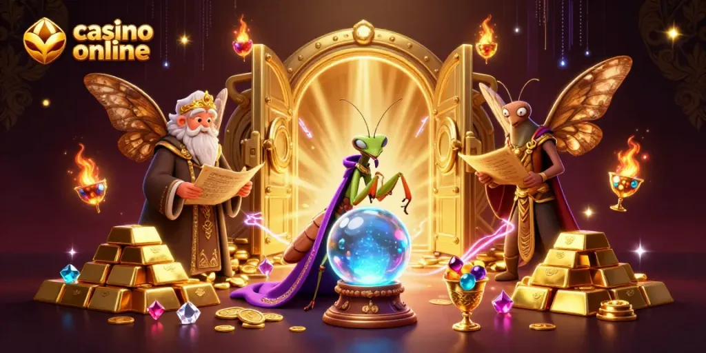 Rasakan pengalaman bermain casino online dengan karakter unik seperti mantis pelihat dan ngengat tua di latar belakang yang berkilauan.