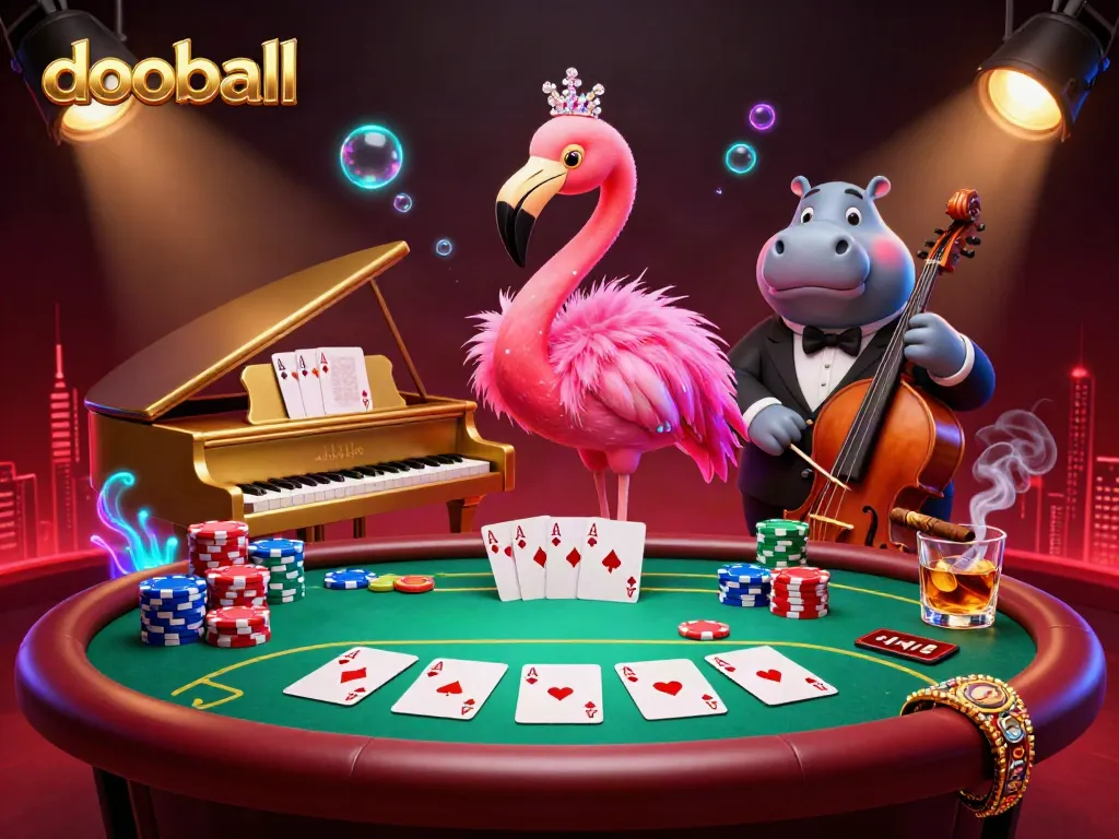 Experience dooball's lively casino atmosphere with a flamingo singer and hippo bassist amid vibrant poker elements.